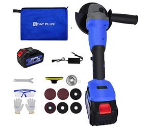 Amoladora angular profesional sin escobillas, 21 V Max, 21 V, 10000 rpm, con batería y cargador, mango adicional y cuchillas funcionales, para cortar y pulir madera, piedra, acero