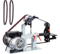 Amoladora de banda de 2 HP, velocidad constante, con disco de lija de 2 x 82 pulgadas. Incluye 3 discos de molienda, amoladora de banco de 110V, disco de 12 pulgadas y plato plano, además de un soport