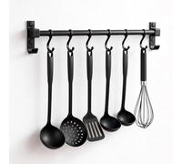 AMONENZ Colgador Utensilios Cocina 40 cm, Ganchos Barra Accesorios Cocinas con 6 Ganchos Extraíbles, Aluminio Barra Colgante de Cocina, Negro, para Colgar Tablas de Cortar, Cucharas, Tijeras