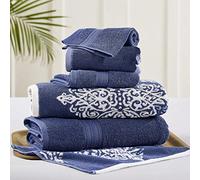 Amrapur Overseas | Artesia Damasco Juego de Toallas de 6 Piezas de Hilo Reversible teñido Jacquard (índigo)