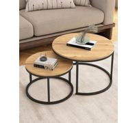 Amveya Set de 2 Mesa de Centro Madera y Metal Negro Mesas de Centro Modernas Redondas 70+50cm, Mesas Auxiliares para Salon Nido, Muebles de Salon para Interiores y Exteriores