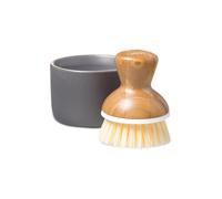 Anakel Home Cepillo para lavavajillas de bambú Full Circle con bol cerámico espumador, dispensador con muelle dosificador de jabón automático, kit de fregado ecológico color gris