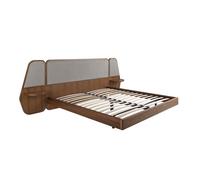 ANGEL CERDÁ - Cama Matrimonial en Nogal y Tela Gris con Cabecero Tapizado y Mesitas Integradas - Cama Doble Matrimonio Compatible con Colchón 180x200 cm - Diseño Moderno - 276 x 209 x 110 cm