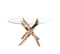 Angel Cerdá - Mesa de Comedor Redonda con Tapa Fija de Cristal Templado Transparente y Patas de Acero Inoxidable Color Oro Rosa - Diseño Moderno y Elegante para 4 Comensales - 110 x 75 cm
