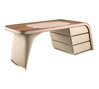 ANGEL CERDÁ - Mesa de Escritorio en Madera Nogal y Polipiel Crema - Escritorio Trabajo con 3 Cajones Push & Pull - Escritorio Moderno para Oficina o Habitación - 215 x 80 x 75 cm