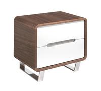 Ángel Cerdá - Mesita de Noche en Madera de Nogal y Blanco Brillo con Patas de Acero Cromado - Diseño Moderno y Minimalista con Cajones Soft-Closing - 55 x 39 x 49 cm