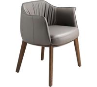 ANGEL CERDÁ - Silla de Comedor con Reposabrazos Tapizada en Polipiel Gris y Patas de Madera Nogal - Silla de Diseño Moderno para Cocina o Salón - 64 x 56 x 73 cm