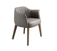 ANGEL CERDÁ - Silla de Comedor con Reposabrazos Tapizada en Polipiel Gris y Patas de Madera Nogal - Silla de Diseño Moderno para Cocina o Salón - 64 x 56 x 73 cm