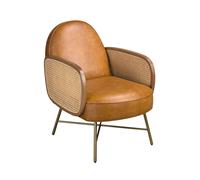 Ángel Cerdá - Sillón Piel Marrón con Detalle en Ratán + Diseño Moderno y Elegante + Patas de Acero Inoxidable Dorado + Máximo Confort y Estilo + 60x81x80 cm