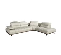 Angel Cerdá - Sofá Chaise Longue 5 Plazas Derecha - Diseño Moderno y Elegante - Tapizado en Piel Auténtica Color Gris Claro - Patas Cromadas y Embellecedor de Madera de Nogal - 310 x 235 x 102 cm