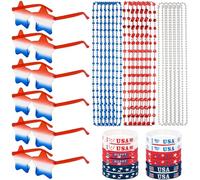 Angirlish Juego de accesorios patrióticos del 4 de julio con gafas de sol de estrella, collares de cuentas, pulseras, recuerdos de fiesta rojos, blancos y azules, 36 piezas