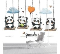 Animales dibujados a mano Papel pintado panorámico decorativo, Globo columpio de panda 3D mural impreso para dormitorio sala estar sala Oficina, Blanco - 250x175cm