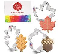 Ann Clark Cookie Cutters Juego de 3 cortadores de galletas otoño/Acción de Gracias con libro de recetas, hoja de roble, hoja de arce y bellota - Acero fabricado en EE. UU.
