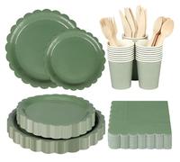 Anstore Verde Platos Desechables Elegantes, 200 Platos De Papel Floral Vintage Con Borde Festoneado Para 25 Invitados, Vajilla Desechable Con Plato, Cuchara, Tenedor, Cuchillo, Vasos, Servilletas