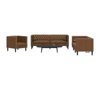 Ante sintético resistente a manchas juego de sofá estilo Chesterfield | Set de sofás Chesterfield 3 piezas con 4 cojines ante sintético marrón sala de estar moderno