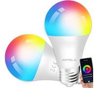 ANTELA Bombilla Inteligente LED E27 Wifi Compatible Con Google Home/Alexa, Bombilla RGB(2700K-6500K) Luces Colores Regulable, Control Remoto,Control De Voz, Ahorro Energético, Paquete 2