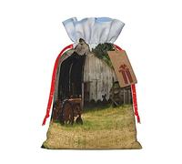 Antiguo granero de madera con cordón de tractor oxidado, bolsa de regalo artística de tela de Navidad, encantadora bolsa de arpillera para todas las ocasiones