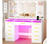 ANWBROAD Tocador de Maquillaje con Espejo y Luces LED, Mesa Maquillaje | Puertas de Vidrio Templado y Enchufes, Tocador Moderno con 11 Cajones y 9 Estantes, para Dormitorio Blanco BDT33W