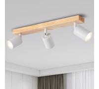 ANWIO Lámpara Techo Con 3 Focos LED Interior, Base GU10, Aplique Blanco Con Base Madera Rectangular, Giratorios Plafón de Techo (Sin Bombillas)