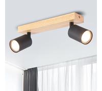 ANWIO Lámpara Techo Focos, 2 Focos Led Interior Techo Base GU10, Apliques Techo Focos Negro con Base Madera Rectangular, Giratorios Plafón Foco de Techo LED(Sin Bombillas).