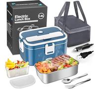 Anykuu 100W 1.8L Fiambrera Electrica Extra Grande 3 en 1 Tartera Eléctrica Cuenco eléctrico Portatil 12V/24V/220V con Bolsa Térmica y Cubiertos-Acero Inoxidable para Coche Camión y Trabajo