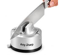 AnySharp Evo Afilador de Cuchillos, Seguridad sin Manos, Ventosa, Afila con Seguridad Todos los Cuchillos de Cocina, Ideal para Acero Endurecido y Dentados, Compacto, Plata
