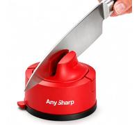 AnySharp Evo Afilador de Cuchillos, Seguridad sin Manos, Ventosa, Afila con Seguridad Todos los Cuchillos de Cocina, Ideal para Acero Endurecido y Dentados, Compacto, Rojo
