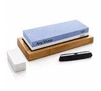 AnySharp Kit XL de piedra de afilar para cuchillos, piedra de afilar de doble cara grano 1000/6000 con base de bambú antideslizante, guía de ángulo y piedra niveladora para cuchillos de cocina