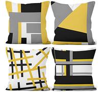 Aoihrraan 45x45cm Juego de 4 Fundas de Cojin Amarillo Gris Blanco Moderno Geométrico Patrón Cuadrado Decorativo Corto De Felpa Suave Funda De Almohada Dormitorio Exterior Jardín Canapé Patio Sofá