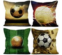 Aoihrraan 46x46cm Juego de 4 Fútbol De Oro Fundas De Cojín Oro Fútbol Azul Cielo Verde Césped Fútbol Campo Cuadrado Lino Funda De Almohada Decoración para Fútbol Juego Chico Dormitorio Exterior Sofá