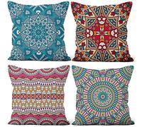 Aoihrraan 50x50cm Juego DE 4 Estilo Boho Fundas DE Cojin Azul Rosado Bohemio Mándala Flores Patrón Cuadrado Decorativo Corto De Felpa Suave Funda De Almohada Cortijo Dormitorio Exterior Canapé Sofá
