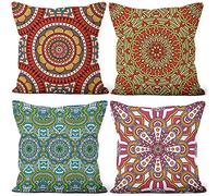 Aoihrraan 50x50cm Juego DE 4 Estilo Boho Fundas DE Cojin Rojo Verde Bohemio Mándala Flores Patrón Cuadrado Corto De Felpa Suave Funda De Almohada Cortijo Dormitorio Exterior Canapé Balcón Patio Sofá