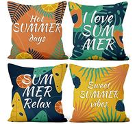 Aoihrraan 50x50cm Juego DE 4 Fundas DE Cojin Día De Verano Hojas Tropicales Naranja Cuadrado Decorativo Corto Felpa Suave Funda De Almohada Dormitorio Exterior Jardín Canapé Balcón Silla Patio Sofá