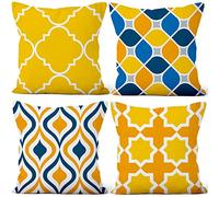 Aoihrraan 50x50cm Juego de 4 Fundas de Cojin Moderno Geométrico Patrón Cuadrado Corto De Felpa Funda De Almohada Decoración Hogar para Exterior Dormitorio Canapé Jardín Patio Sofá, Amarillo Azul
