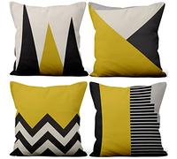 Aoihrraan 50x50cm Juego DE 4 Fundas DE Cojin Negro Amarillo Blanco Moderno Geométrico Patrón Cuadrado Decorativo Corto Felpa Suave Funda De Almohada Cortijo Dormitorio Exterior Canapé Patio Sofá