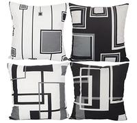 Aoihrraan 50x50cm Juego de 4 Fundas de Cojin Negro Blanco Moderno Geométrico Patrón Cuadrado Decorativo Corto De Felpa Suave Funda De Almohada Dormitorio Exterior Jardín Canapé Patio Sofá