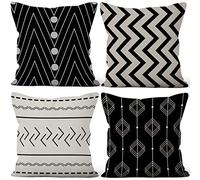 Aoihrraan 50x50cm Juego DE 4 Fundas DE Cojin Negro Blanco Moderno Ola Geométrico Patrón Cuadrado Decorativo Corto Felpa Suave Funda De Almohada Cortijo Dormitorio Exterior Canapé Balcón Patio Sofá