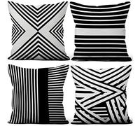 Aoihrraan 50x50cm Juego DE 4 Fundas DE Cojin Negro Blanco Moderno Rayas Patrón Cuadrado Decorativo Corto De Felpa Suave Funda De Almohada Cortijo Dormitorio Exterior Jardín Canapé Patio Sofá Coche