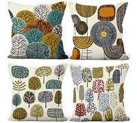 Aoihrraan 50x50cm Juego de 4 Fundas de Cojin Vistoso Bosque Árbol De Dibujos Animados Cuadrado Corto Felpa Suave Funda De Almohada Casa De Campo Dormitorio Exterior Jardín Canapé Balcón Patio Sofá