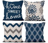 Aoihrraan Fundas de Cojines Juego de 4, Flor De Geometría Azul Y Gris Sweet Home Cuadrado Corto De Felpa Suave Funda De Almohada para Sofá Dormitorio Silla Coche Decoración del Hogar 50x50cm