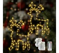 AONAT Decoración Navideña Luminoso,Pack de 2 Renos Luminosos LED con Temporizador,120 LEDs Blanco Cálido,8 Modos de Luz,Guirnalda Luminosa para Ventana a Pilas,Interior y Balcón
