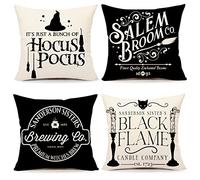AONELAS Funda de almohada decorativa de Halloween, 18 x 18 cm, juego de 4 decoraciones de Halloween, Hocus Pocus Farmhouse Saying White Black Outdoor Case Pillows Decorative Throw Cushion Case for
