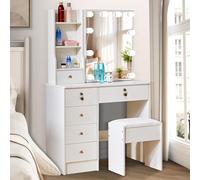 Aovquof Tocador con espejo de maquillaje y 10 luces LED ajustables, tocador con espejo, con 6 cajones, 3 compartimentos abiertos para el dormitorio (con asa de madera)