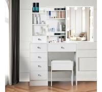 Aovquof Tocador con Iluminación LED de Hollywood, Espejo Iluminado Y Taburete - 6 Cajones Y 3 Compartimentos Abiertos - Tocador Moderno Blanco Para Dormitorio