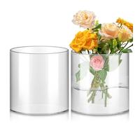 APACALI 2 cilindros de cristal, 15 cm de alto, jarrón cilíndrico, jarrón de cristal transparente, jarrón redondo para orquídeas, rosas, tulipanes, hierba de las Pampas, decoración de mesa, vela