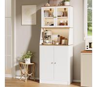 Aparador Alto de Cocina con LED, Armario de cocinaAlto con encimera, Armario de Cocina con estantes Ajustables y armarios gabinetes, aparadores Comedor, Vitrina para Comedor(Blanco)