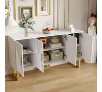 Aparador buffet blanco brillante - 4 puertas con pomos dorados - 150x40x82 cm, mueble de MDF