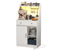 Aparador Cocina Mueble Auxiliar de Cocina Armario Buffet con Enchufe y LED, Mueble Microondas Cocina para Sala de Comedor Salón(Blanco, 70 x 40 x 134 cm)