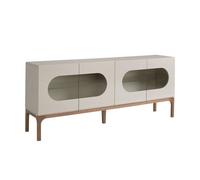 Aparador de diseño moderno con estructura de madera de mdf color gris y patas de madera en color nogal.
