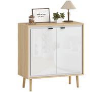 HOMCOM Aparador de alto brillo, mueble de almacenaje con puerta doble, estante regulable, patas de madera, estilo moderno, aparador para comedor, cocina y salón, 72 x 35 x 77 cm, blanco y roble
